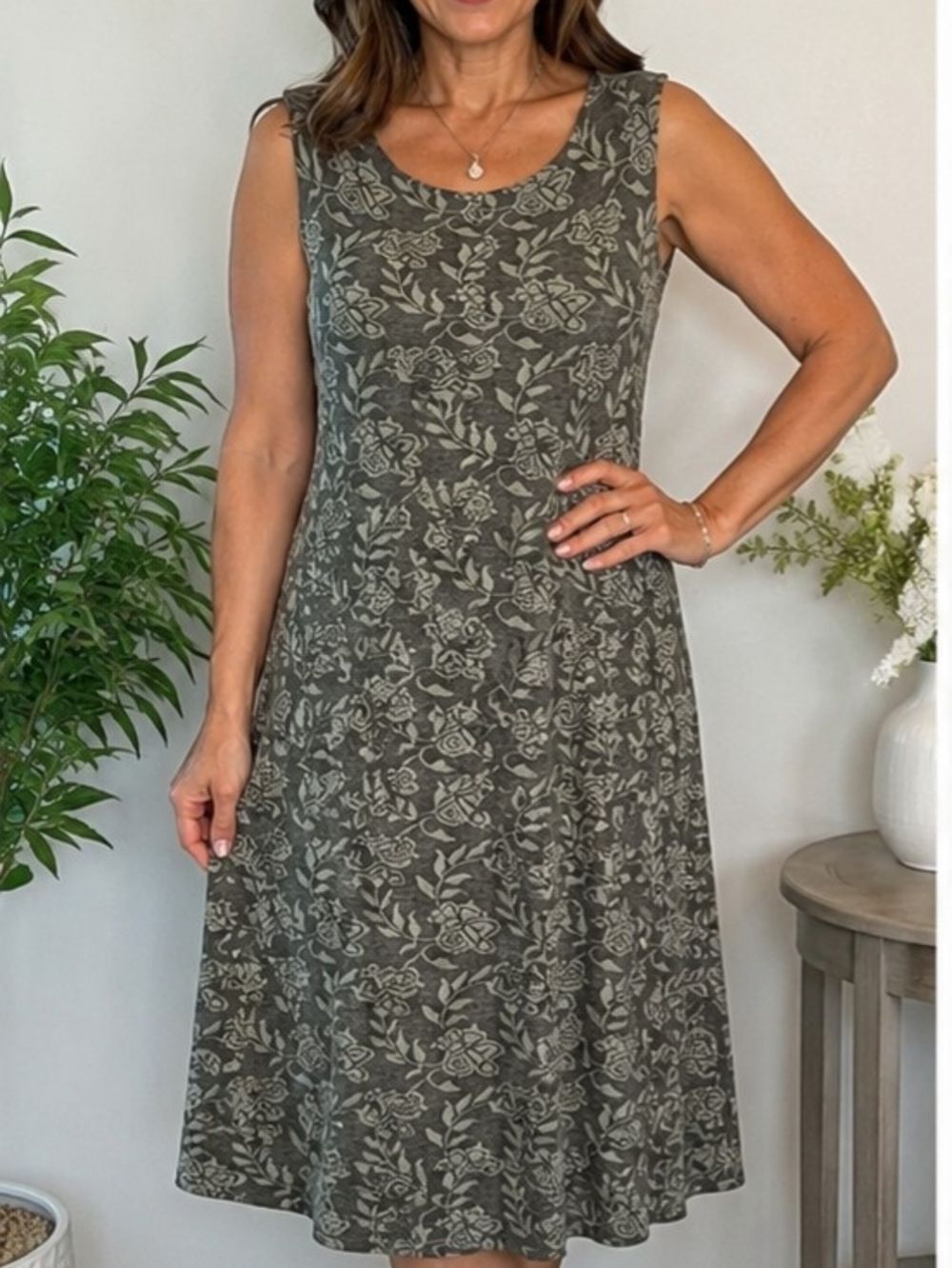 Vintage R&M Richards Floral Olive Green Swing Dress  Made In USA